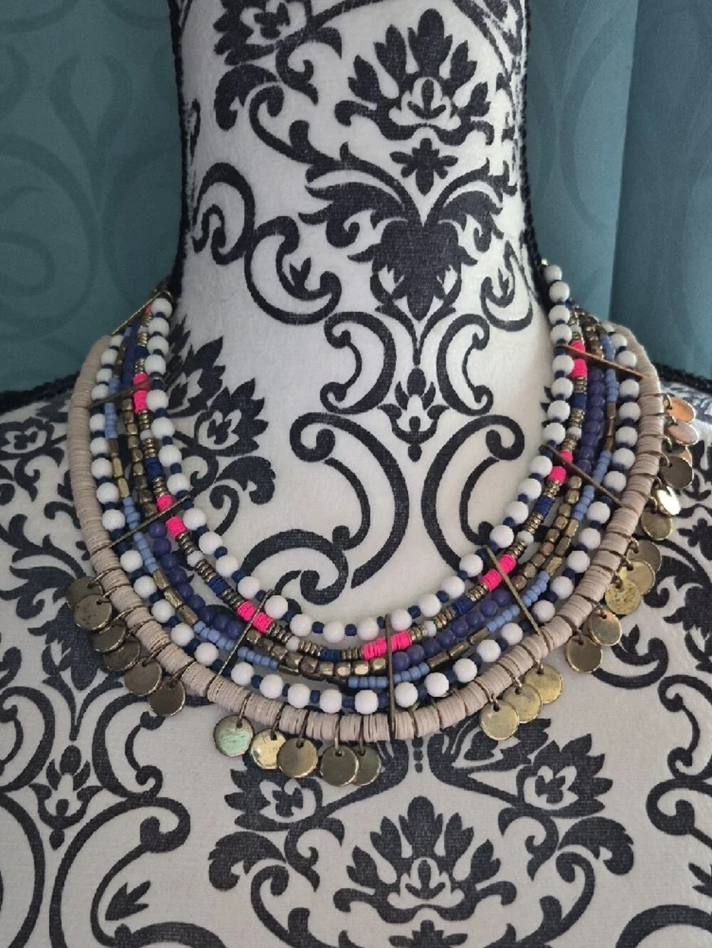 Multi-Strand Beaded Necklace in Blue, White & Pink with Gold Accents